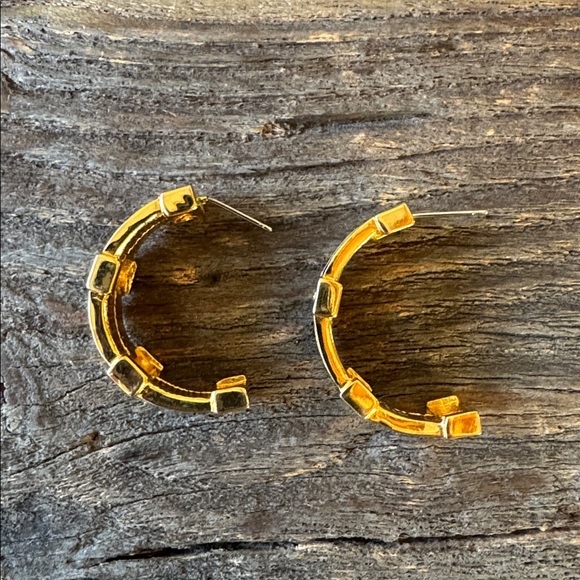 St. John signed gold hoop pierced earrings black enamel EVC - Picture 2 of 6